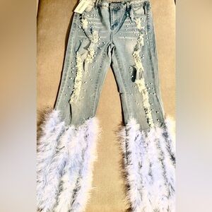 Light Blue Feather-Trim Wide Leg Jeans with Pearl Embellishment